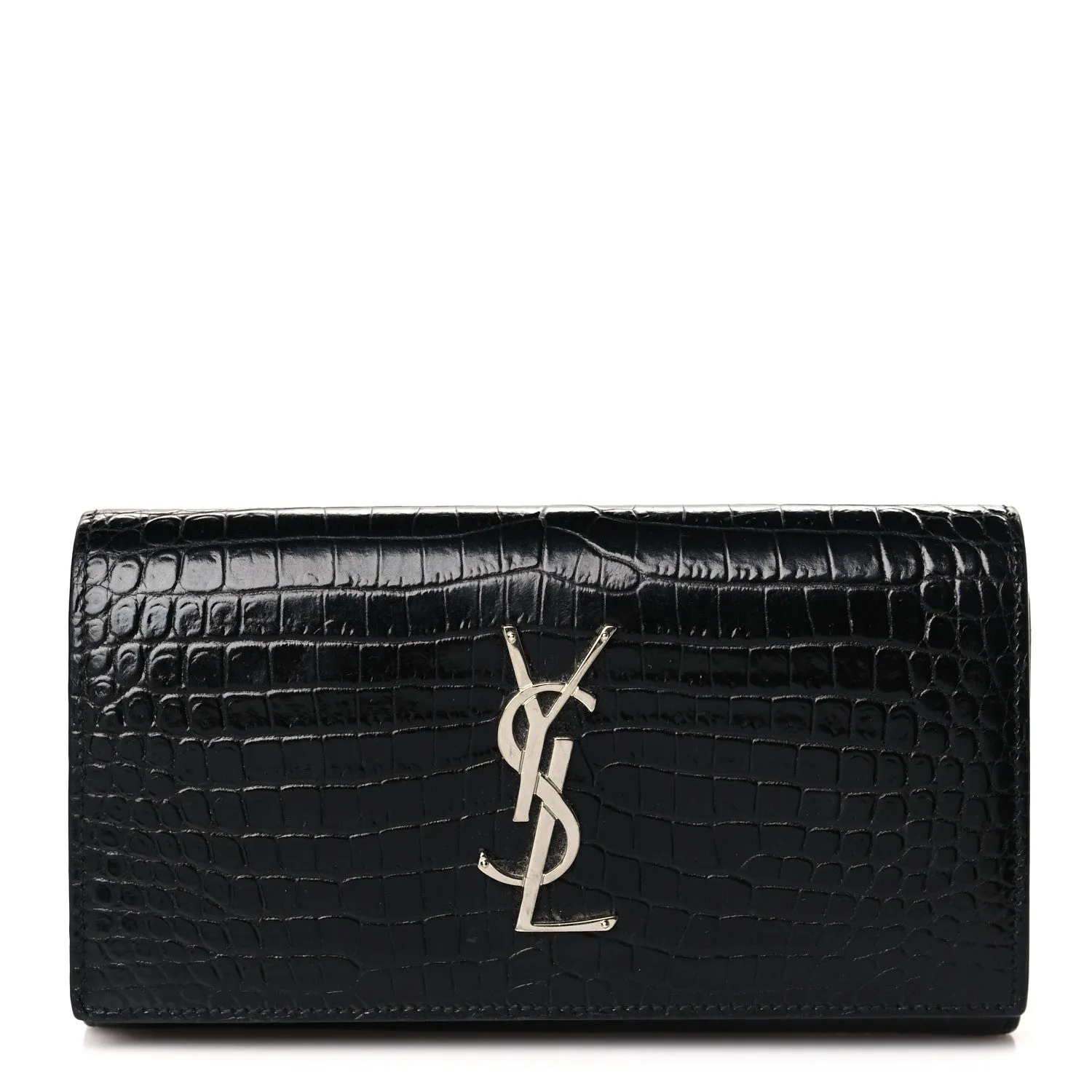 Calfskin Crocodile Embossed Monogram Flap Wallet Black